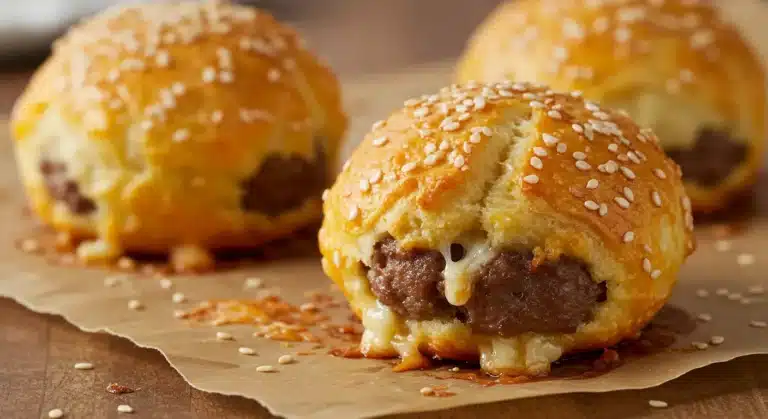 A side-angle view of freshly baked Homemade Garlic Parmesan Cheeseburger Bombs, showing the soft, golden homemade bun and sesame seed topping.