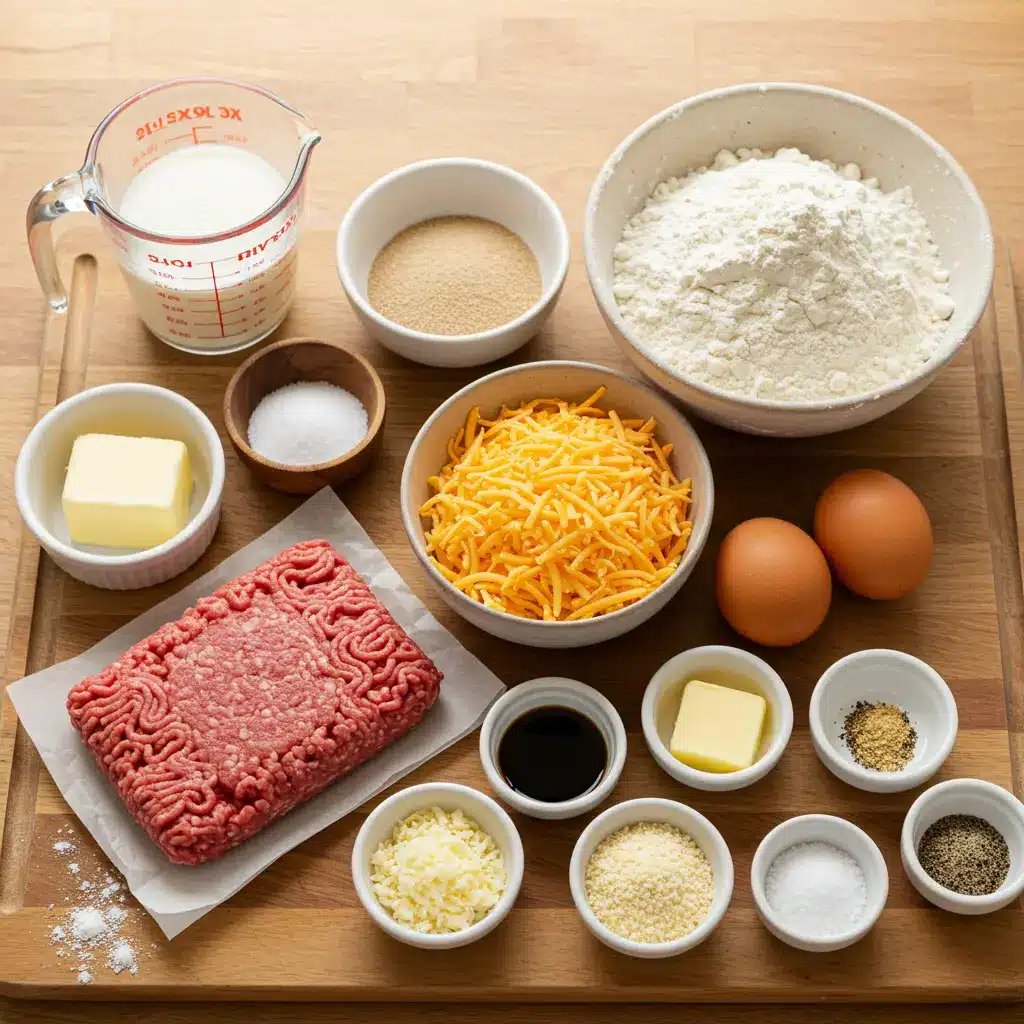 A top-down flat lay of all the ingredients for Homemade Garlic Parmesan Cheeseburger Bombs arranged on a wooden board, including flour, milk, yeast, ground beef, and cheese