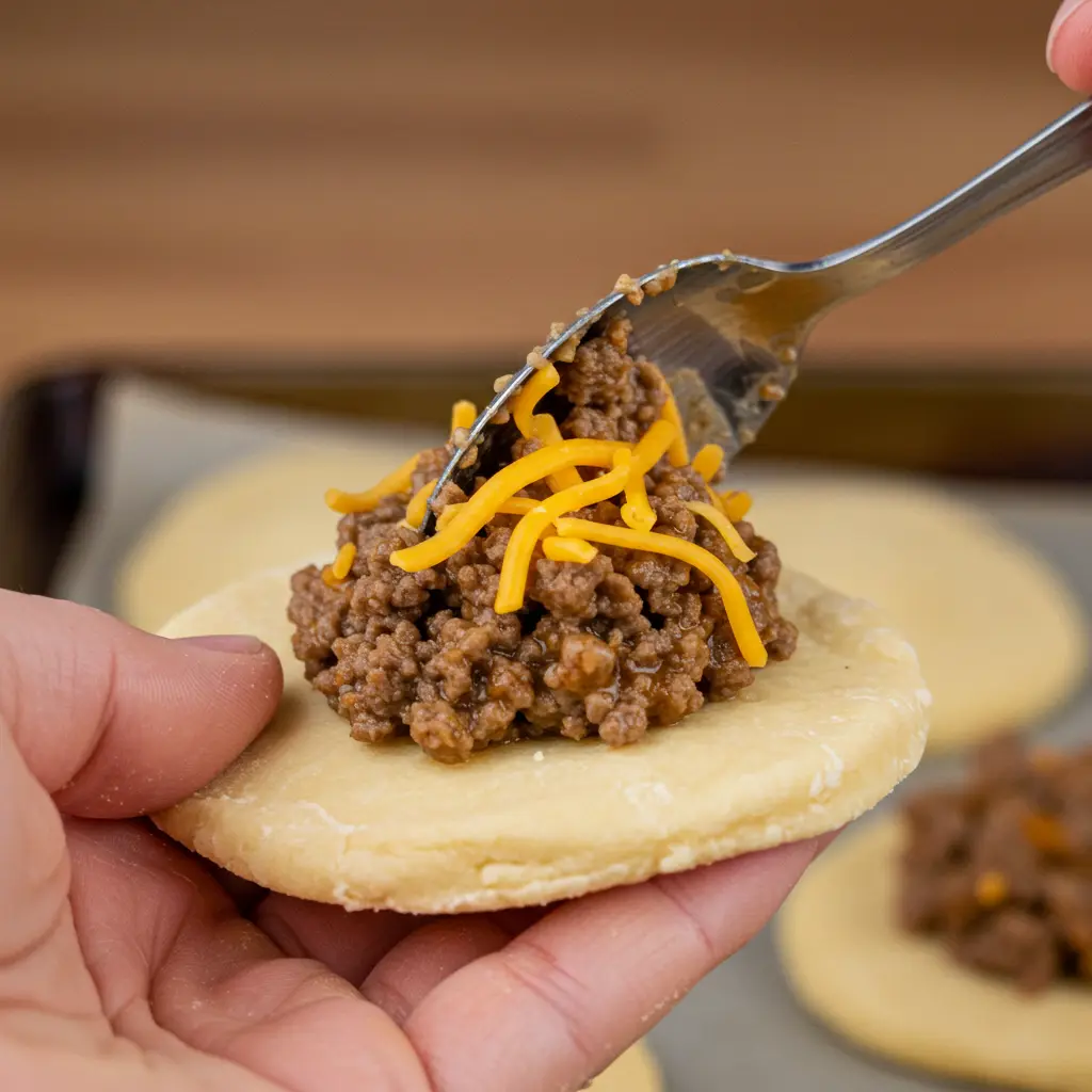 A close-up shot of hands stuffing homemade dough with a cheesy ground beef mixture to make Homemade Garlic Parmesan Cheeseburger Bombs.