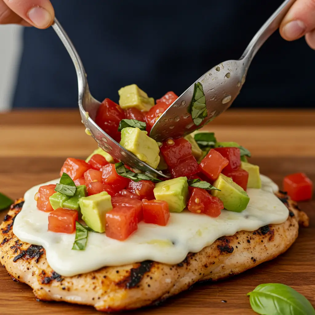 A hand spooning a fresh topping of diced avocado, tomato, and basil onto a grilled chicken breast covered in melted mozzarella cheese.