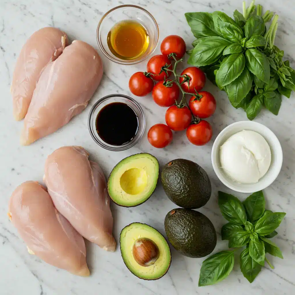 A top-down view of fresh ingredients for balsamic avocado chicken laid out on a marble countertop, including raw chicken, balsamic vinegar, honey, tomatoes, avocados, and basil.