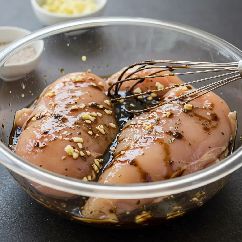 Raw chicken breasts marinating in a glass bowl filled with a dark balsamic vinegar, honey, and garlic marinade.