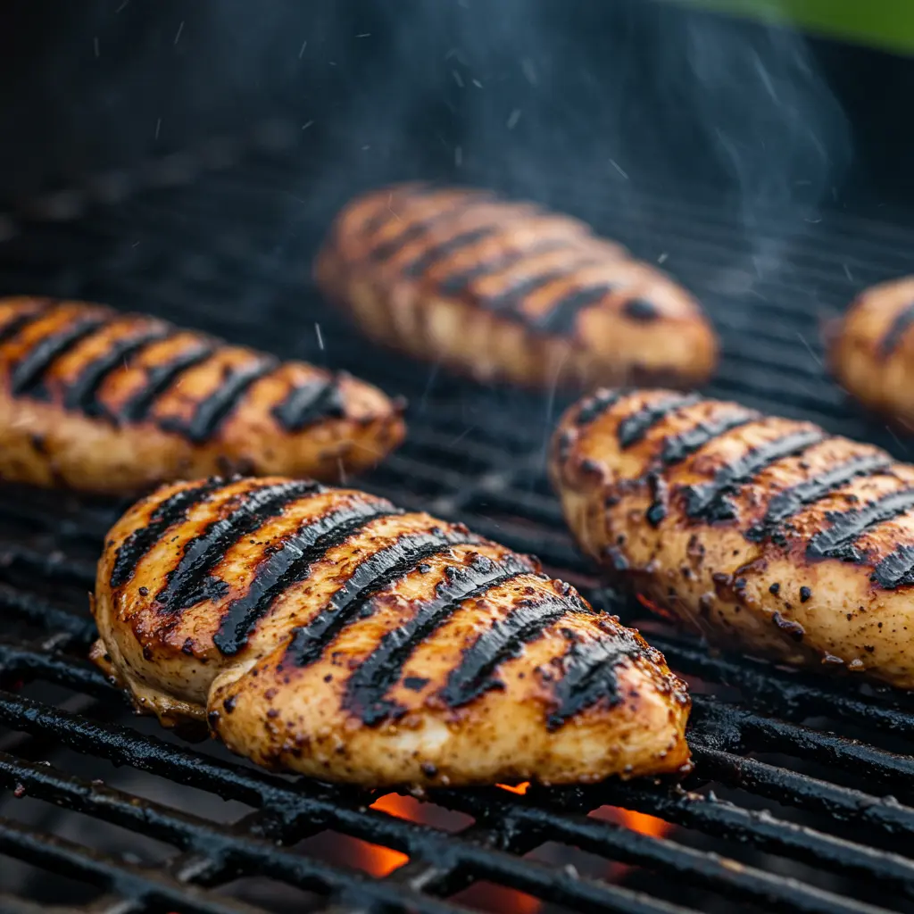 Close-up of balsamic marinated chicken breasts sizzling on a hot grill, showing dark, caramelized grill marks and smoke rising
