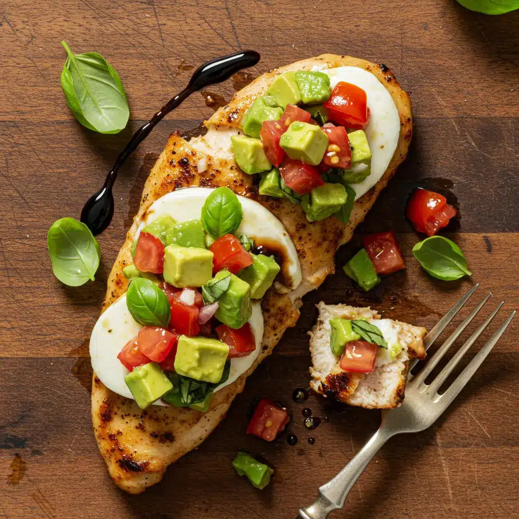 A plated serving of grilled California avocado chicken, featuring a balsamic-glazed chicken breast topped with melted mozzarella, diced avocado, and fresh tomatoes.