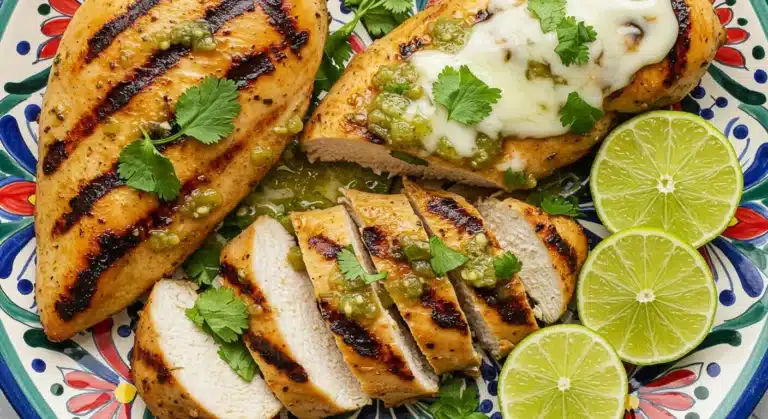juicy Grilled Salsa Verde Pepper Jack Chicken, with one breast sliced to show the tender inside.