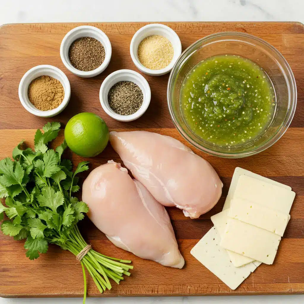 Ingredients for Grilled Salsa Verde Pepper Jack Chicken laid out on a wooden board, including raw chicken, salsa, cheese, and spices.