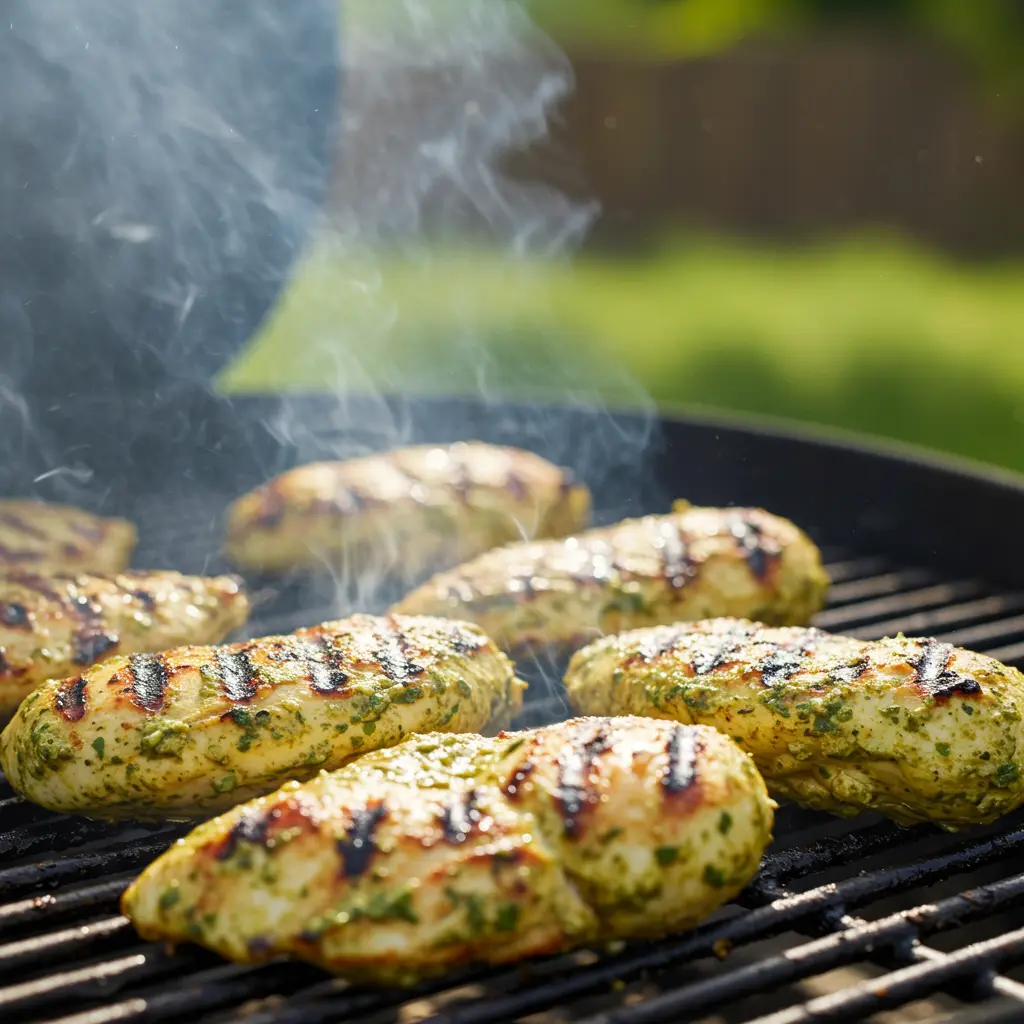 Chicken breasts with dark char marks being topped with salsa verde and pepper jack cheese while sizzling on a hot BBQ grill.