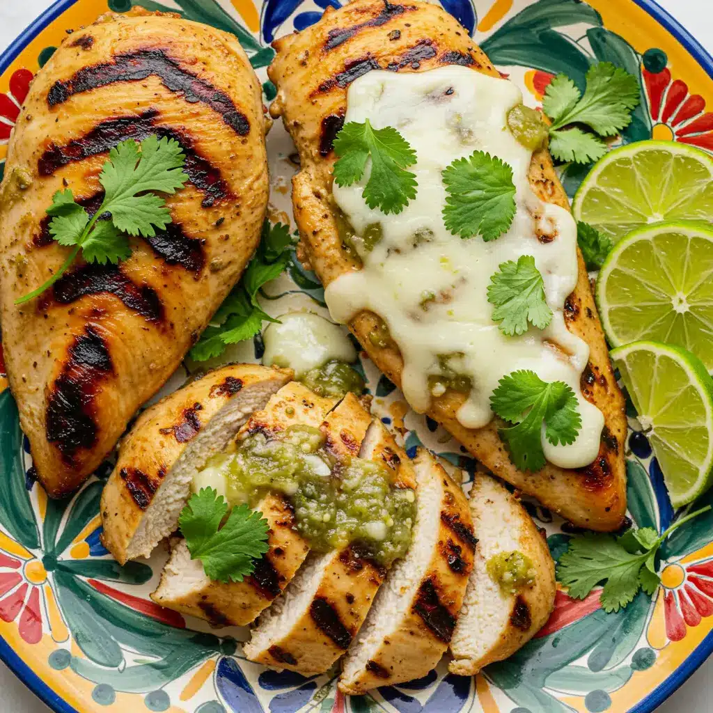 A colorful plate of juicy Grilled Salsa Verde Pepper Jack Chicken, with one breast sliced to show the tender inside.