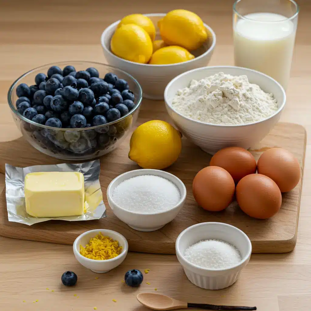 All the fresh ingredients for Lemon Glazed Blueberry Boyfriend Bait laid out on a kitchen counter: flour, sugar, butter, eggs, fresh lemons, and a bowl of ripe blueberries.