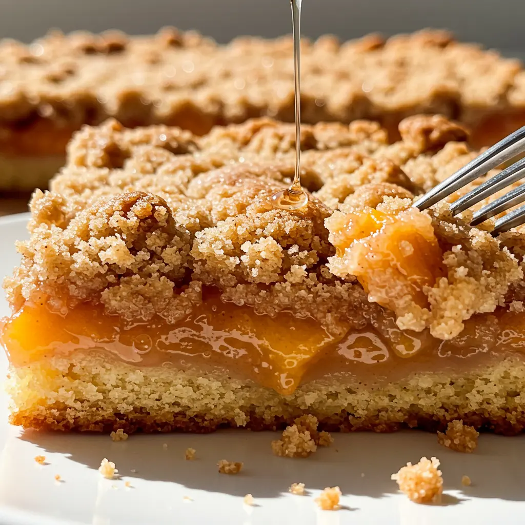 An extreme close-up of a single peach crumble bar on a white plate, with a fork taking a bite and a thin stream of honey being drizzled over the golden-brown crumble topping.