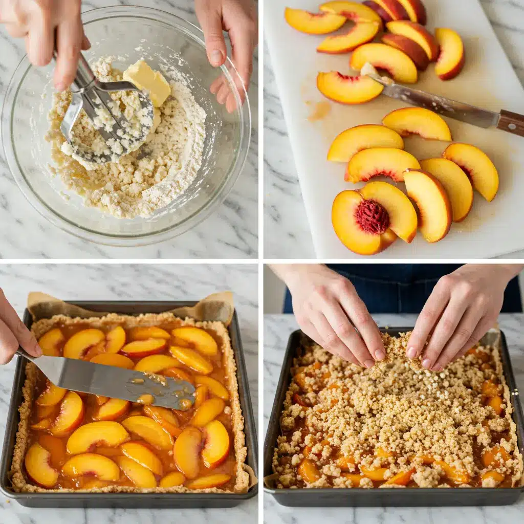 A 2x2 collage of images showing the steps to make Peach Bars with Fresh Peaches: making the crust with a pastry blender, slicing fresh peaches, spreading the filling, and sprinkling on the crumble topping.