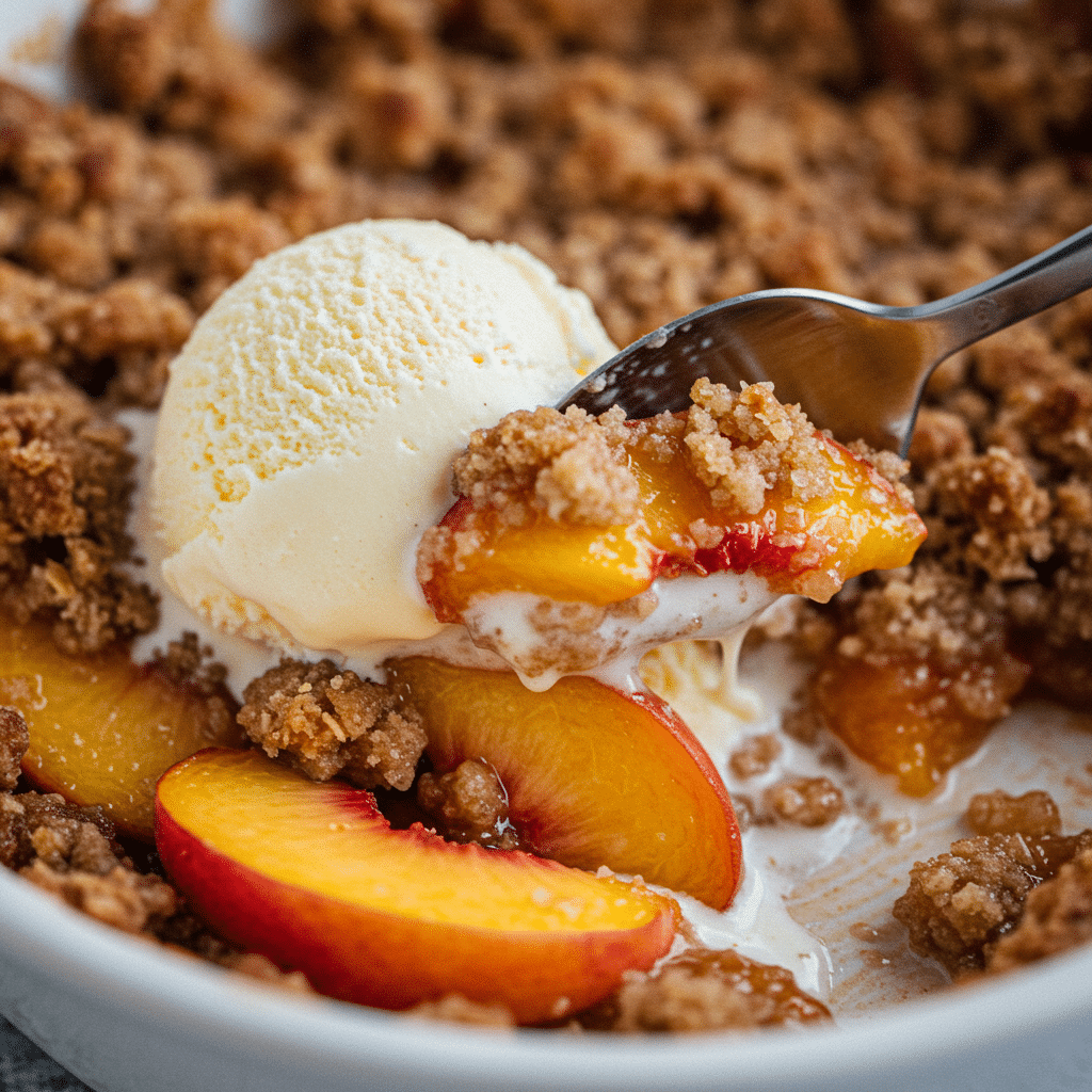 A close-up shot of a warm, bubbly Peach Crisp with Fresh Peaches in a rustic baking dish, topped with a scoop of melting vanilla ice cream and a golden-brown oat crumble.