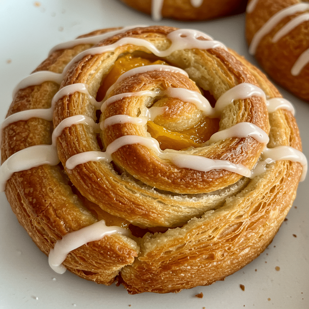 Close-up of golden-brown Peach Pie Cruffins showing flaky layers and glossy peach filling on a light plate, perfect for a homemade dessert recipe.