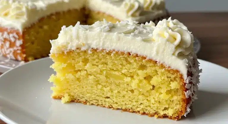 The full Pineapple Heaven Cake in a glass baking pan, showing the creamy frosting and the moist texture where one slice has been removed.