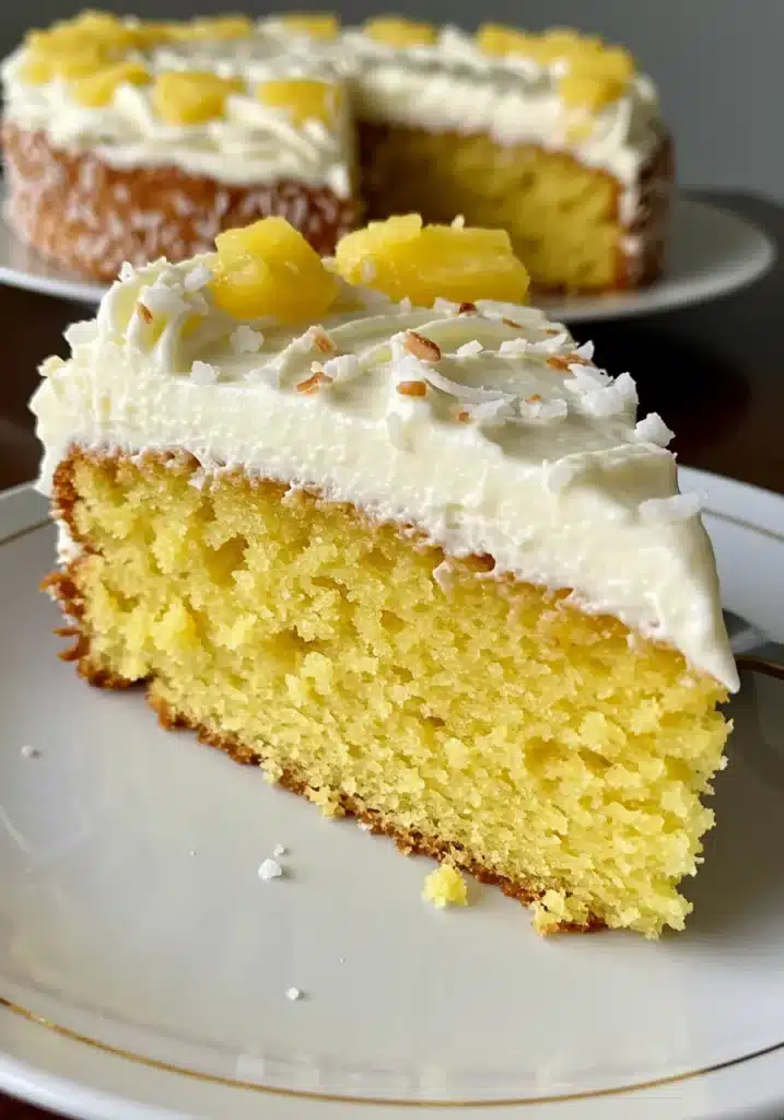 A close-up overhead shot of a single slice of moist Pineapple Heaven Cake with thick cream cheese frosting and toasted coconut flakes