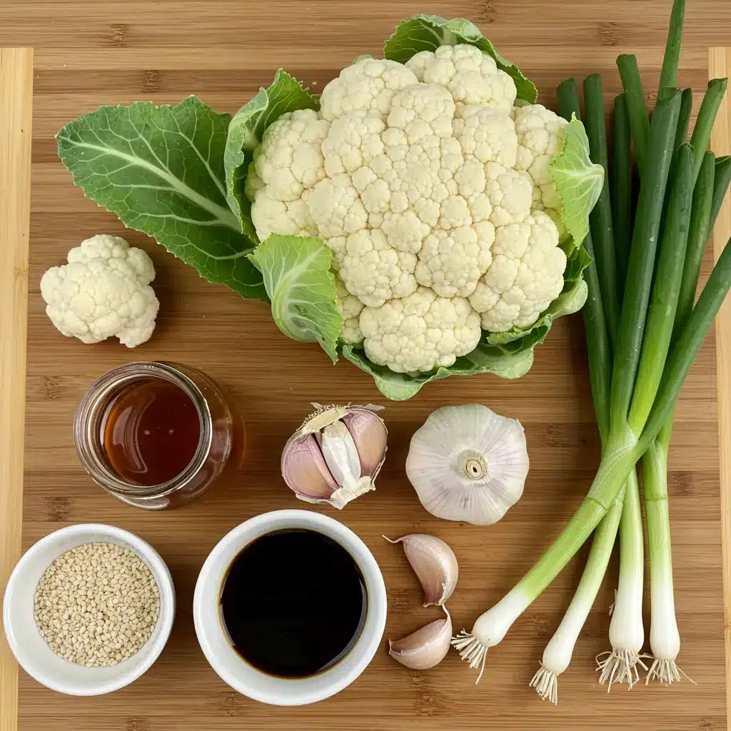 Fresh ingredients for sweet and spicy baked cauliflower laid out: cauliflower, honey, sriracha, soy sauce, garlic, green onions, and sesame seeds.