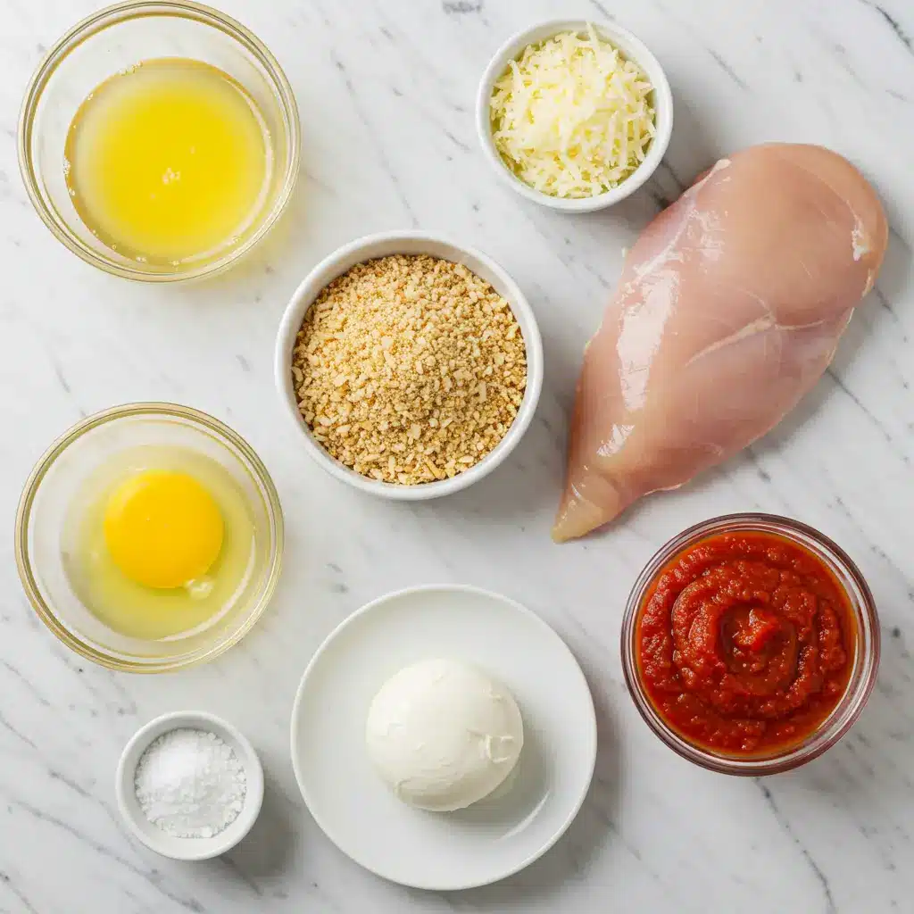 An overhead flat lay of ingredients for chicken parmesan on a marble countertop, including raw chicken breasts, panko, parmesan, eggs, marinara sauce, and mozzarella.