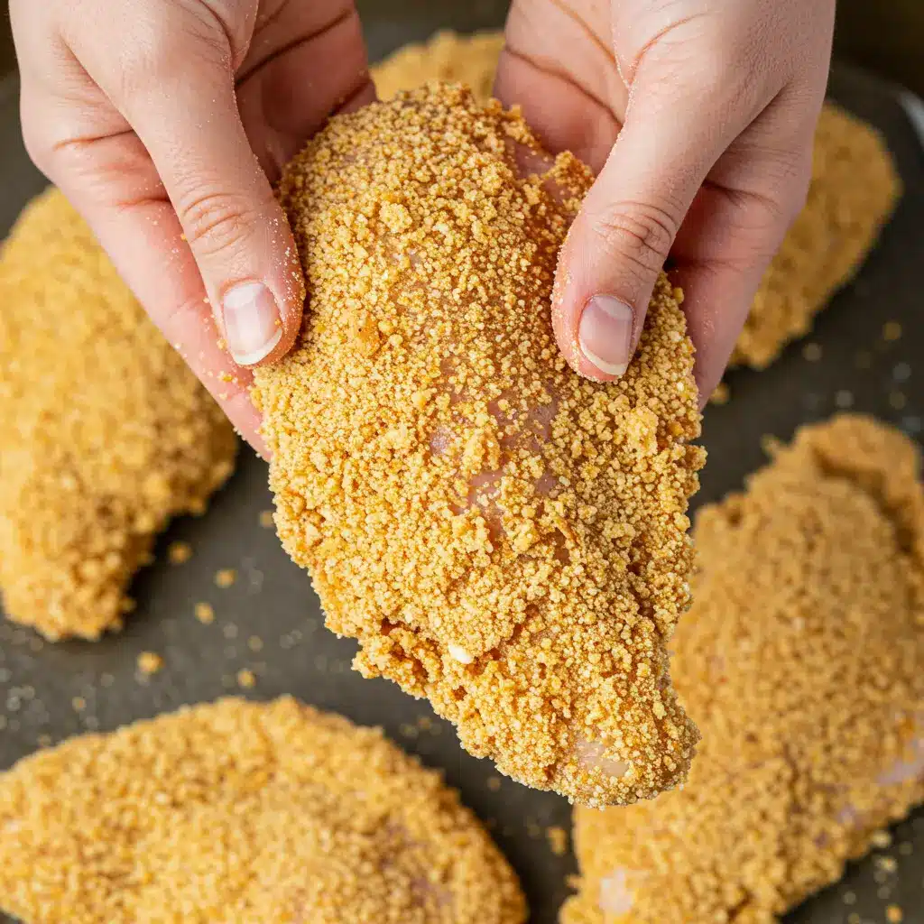 An overhead shot of hands pressing a thin chicken cutlet into a dish of panko breadcrumbs and parmesan cheese, showing the breading process.