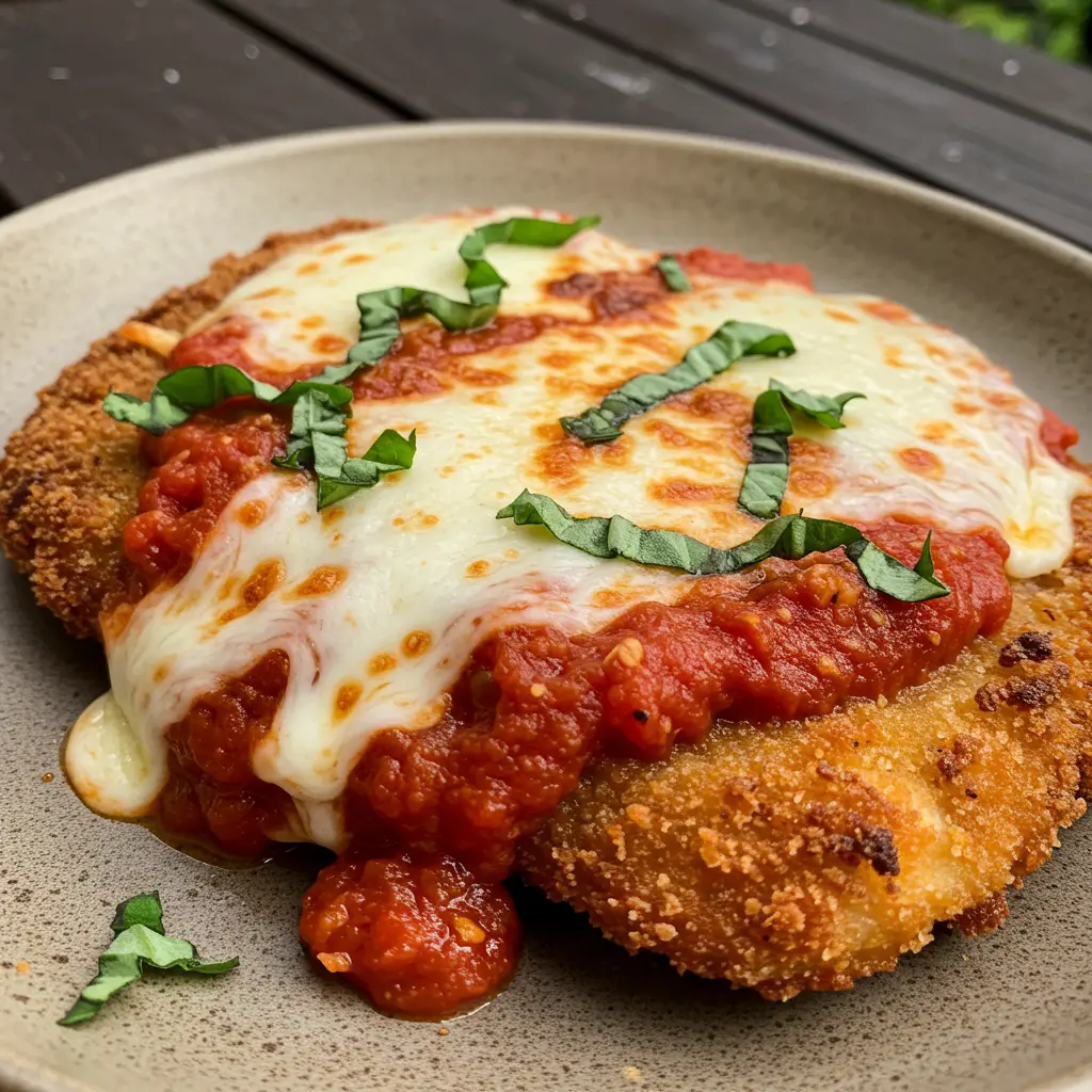 An overhead shot of a perfectly cooked chicken parmesan on a dark Blackstone griddle, with melted mozzarella cheese, red marinara sauce, and a garnish of fresh basil.