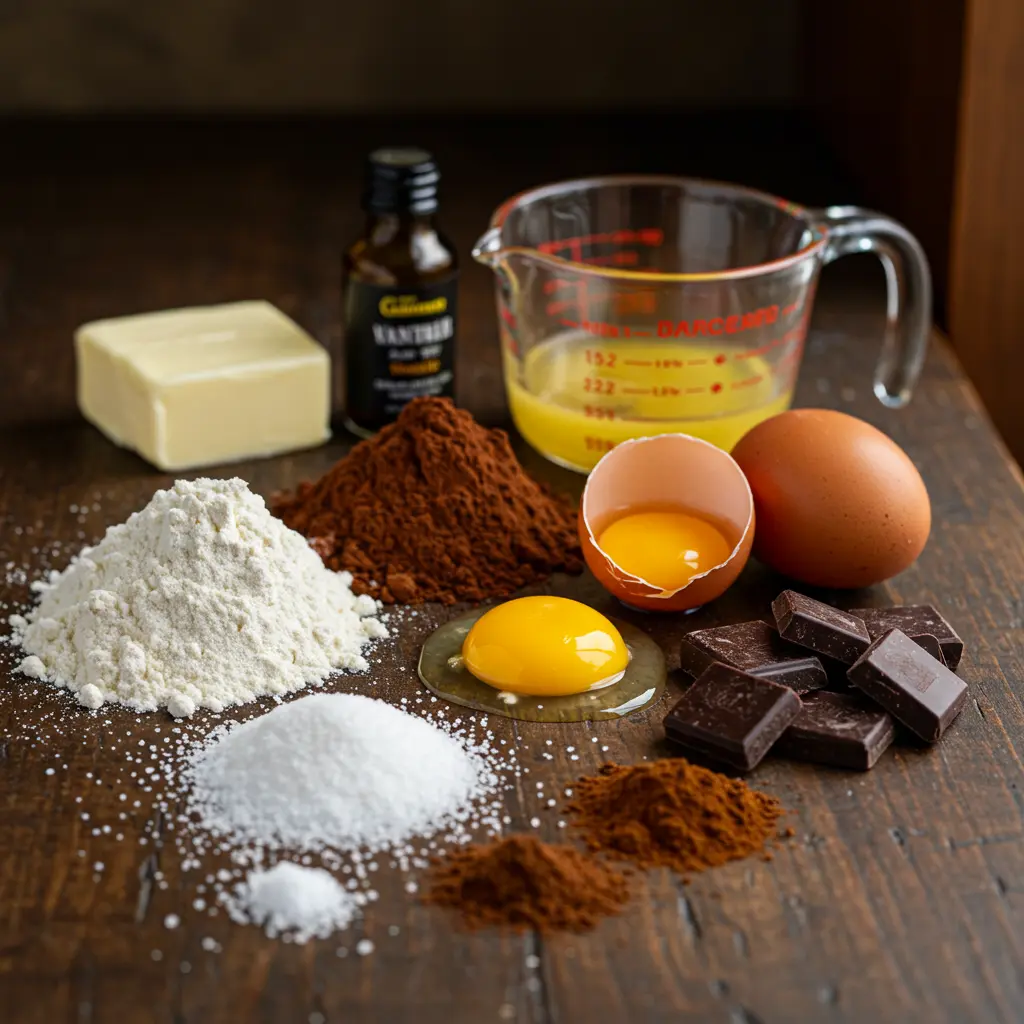 Ingredients for homemade brownies laid out on a wooden surface, including flour, cocoa powder, sugars, eggs, and chocolate chunks