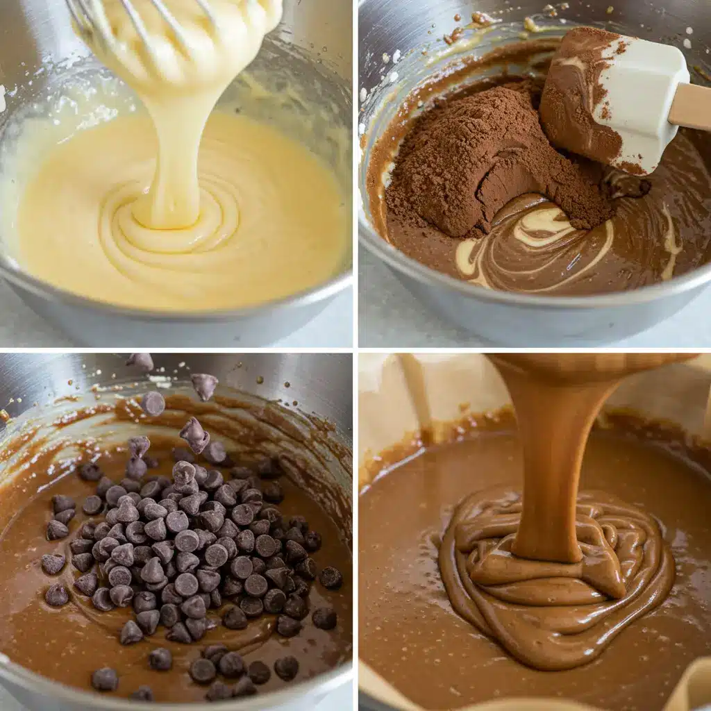A 4-image collage showing the steps to make chewy fudgy brownies: 1. Whisking eggs and sugar into a glossy batter. 2. Folding in dry ingredients with a spatula. 3. Adding chocolate chips to the batter. 4. Pouring the finished batter into a pan.