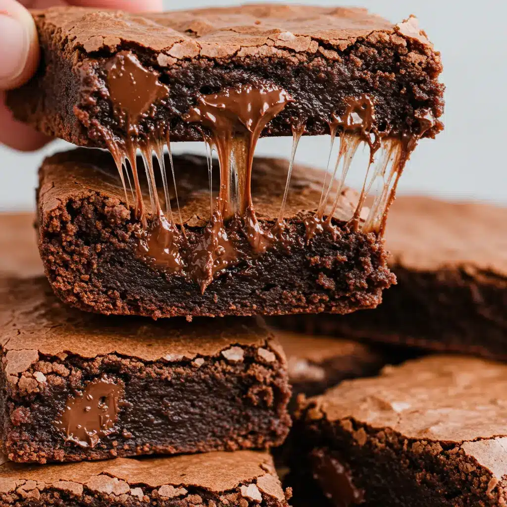 A stack of homemade chewy fudgy brownies with one being pulled away to show a gooey, stretching chocolate center