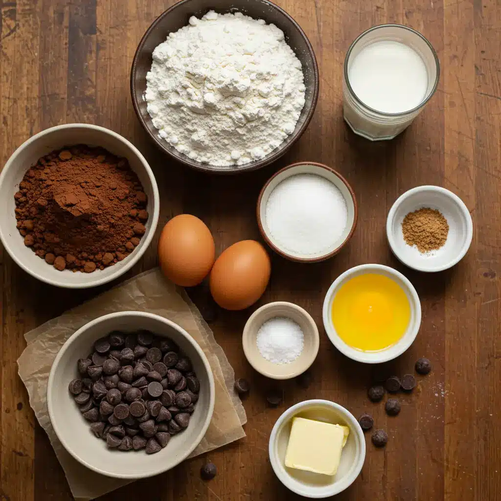 Overhead shot of ingredients for chocolate-filled crêpes on a wooden table