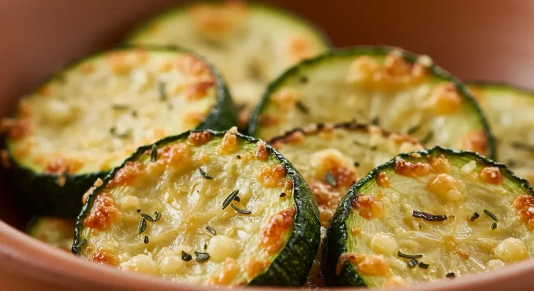easy baked zucchini rounds, showing the crispy, golden-brown parmesan cheese and caramelized edges