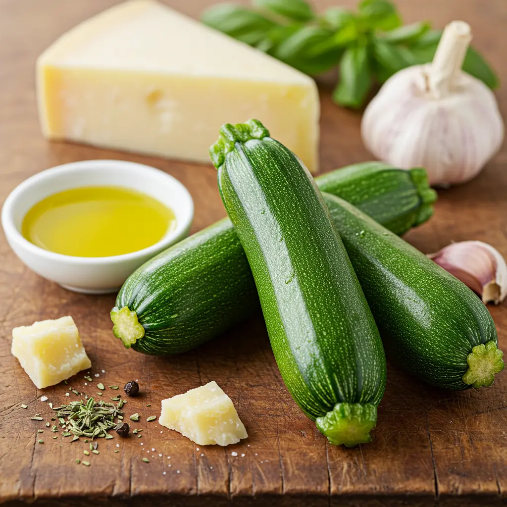A flat lay on a wooden cutting board showing the ingredients for baked zucchini: two whole zucchini, a wedge of parmesan, olive oil, and garlic.