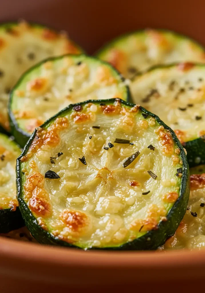 A macro close-up shot of easy baked zucchini rounds, showing the crispy, golden-brown parmesan cheese and caramelized edges.