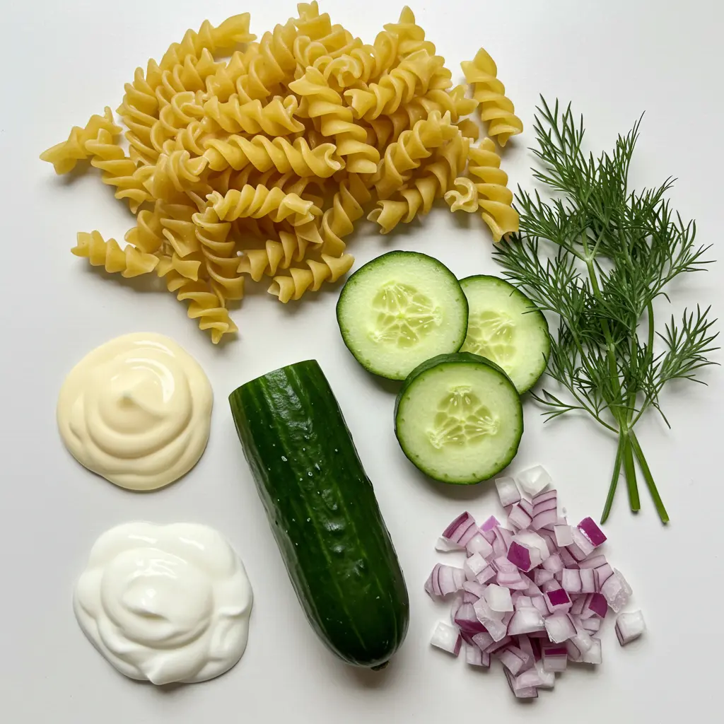 The ingredients for cucumber pasta salad laid out on a white surface: uncooked rotini pasta, a sliced English cucumber, diced red onion, fresh dill, mayonnaise, and Greek yogurt.