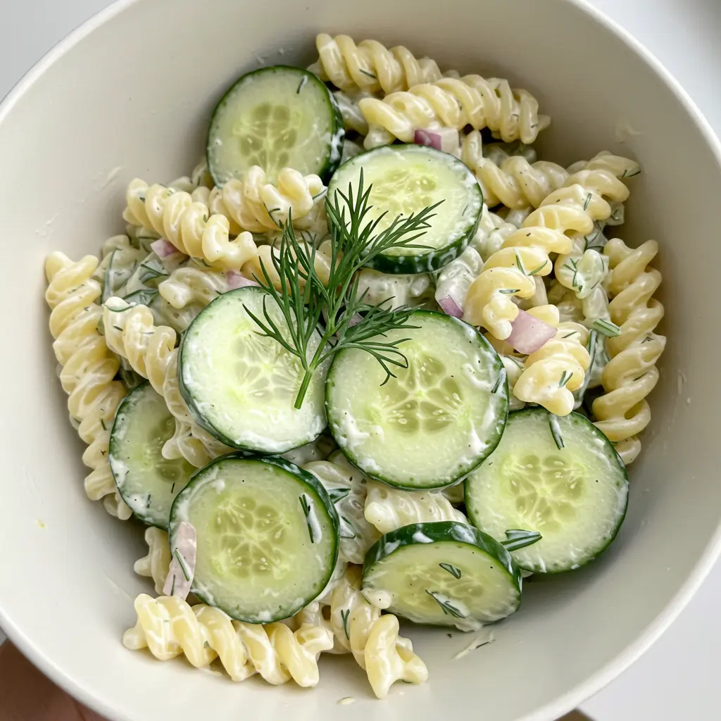 A close-up overhead shot of a white bowl filled with creamy fresh cucumber pasta salad, with thinly sliced cucumbers and fresh dill arranged on top.