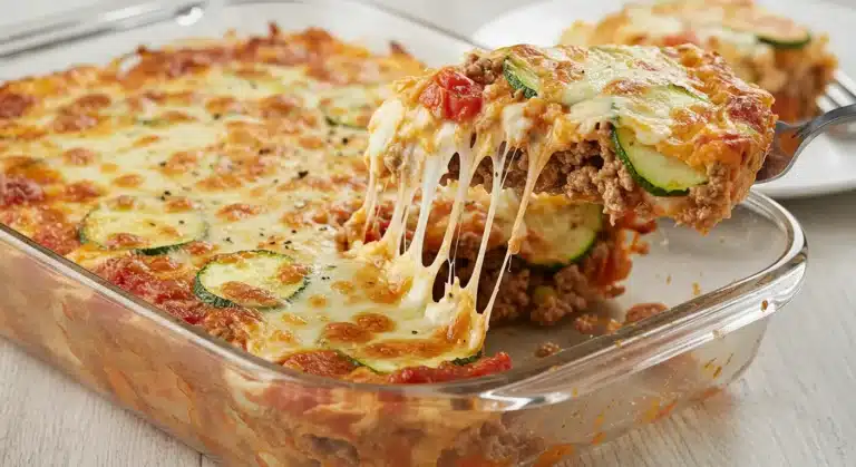 Cheesy Ground Beef Zucchini Casserole Slice