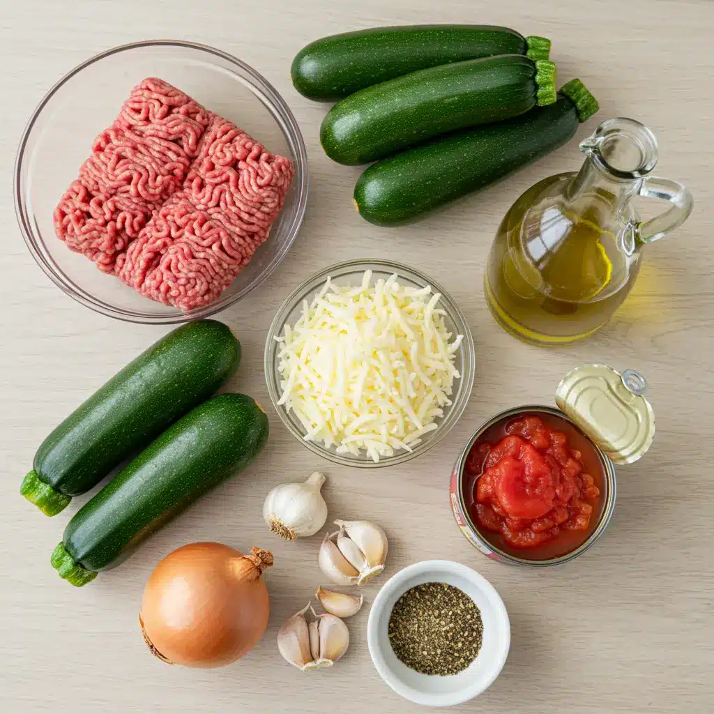 All the fresh ingredients for ground beef zucchini casserole laid out on a wooden board, including fresh zucchini, a bowl of raw ground beef, shredded mozzarella, canned diced tomatoes, an onion, and garlic.
