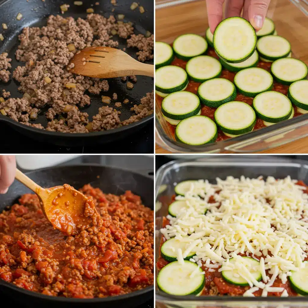 A 4-image collage showing the steps to make ground beef zucchini casserole: 1. browning the beef in a skillet, 2. layering the zucchini in a dish, 3. spreading the meat sauce, and 4. topping with cheese before baking.