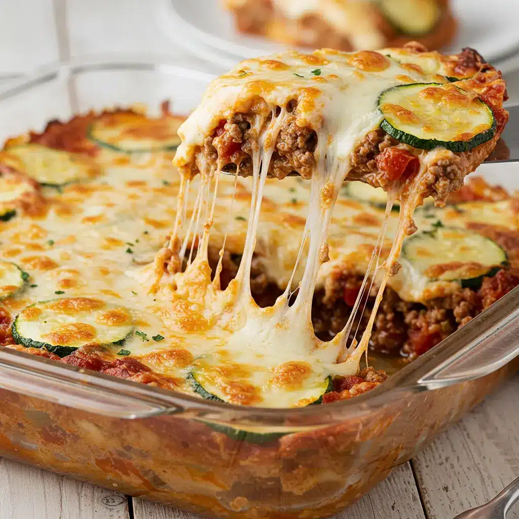 A delicious slice of cheesy ground beef zucchini casserole being lifted from a glass baking dish, showing layers of meat sauce with red tomato bites, tender zucchini, and a long mozzarella cheese pull.