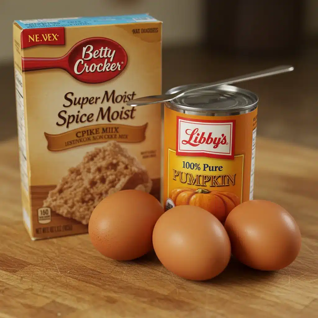 The three ingredients needed for pumpkin spice cake: a box of Betty Crocker spice cake mix, a can of Libby's pumpkin puree, and three brown eggs on a wooden board.