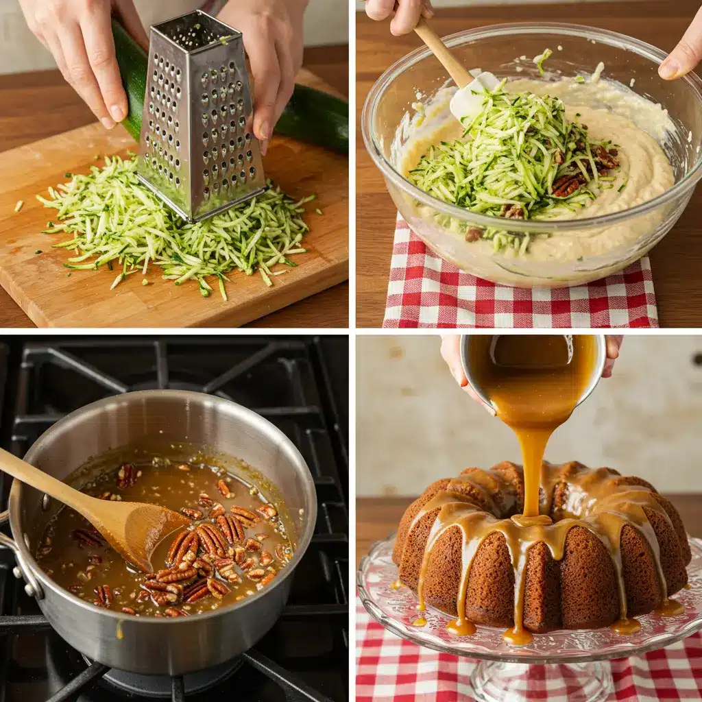 A hand grating a fresh green zucchini on a box grater to make moist zucchini bread.