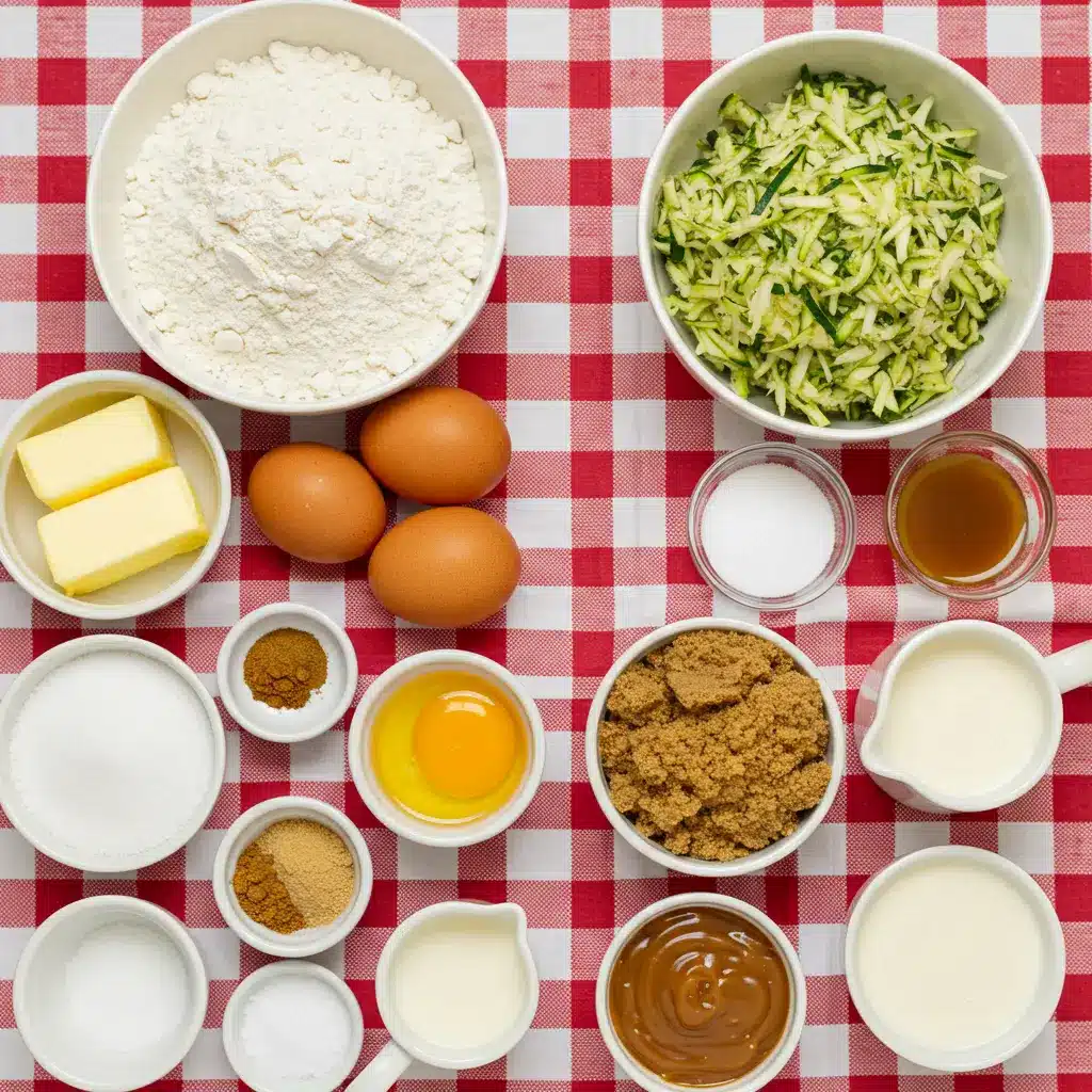 Ingredients for pecan zucchini bread and caramel glaze, including flour, zucchini, eggs, and brown sugar, arranged on a red and white gingham tablecloth.