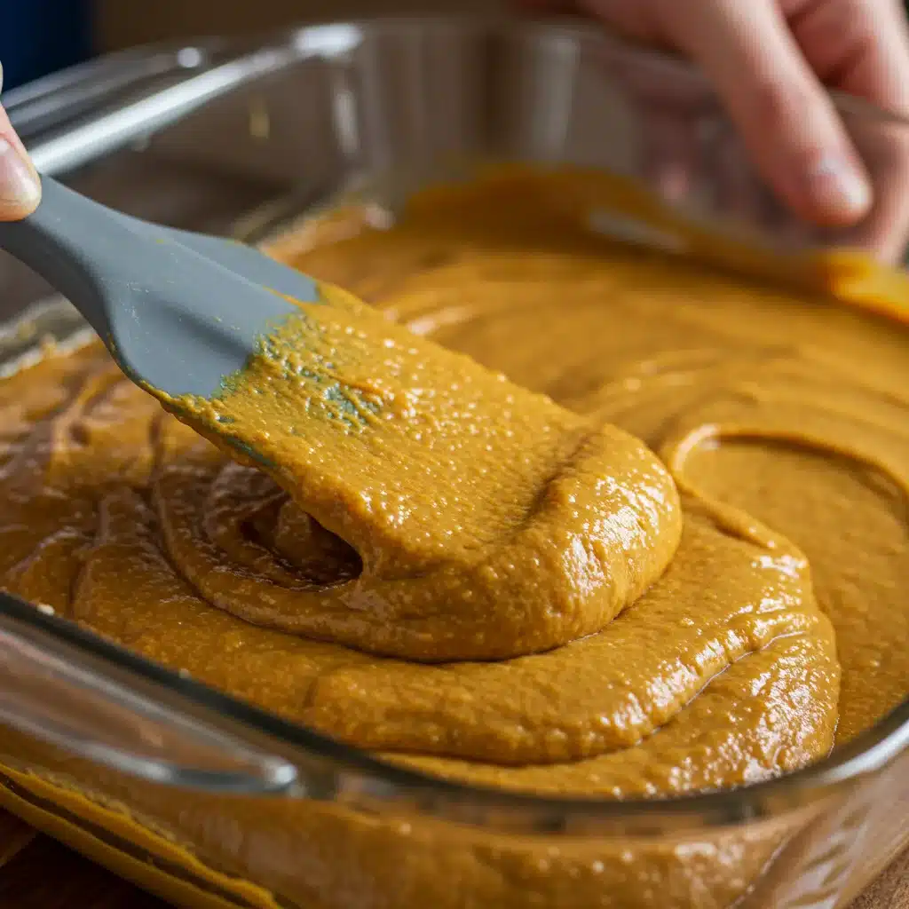 Spreading the thick orange batter for the 3-ingredient pumpkin spice cake into a glass baking dish with a spatula.
