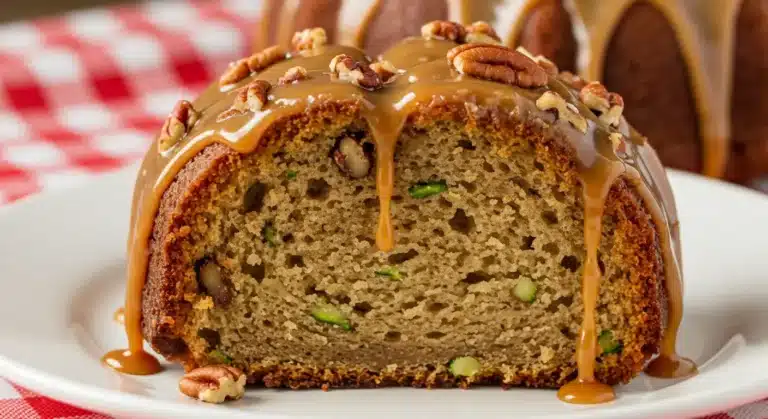Slice of Pecan Zucchini Bread with Caramel Glaze