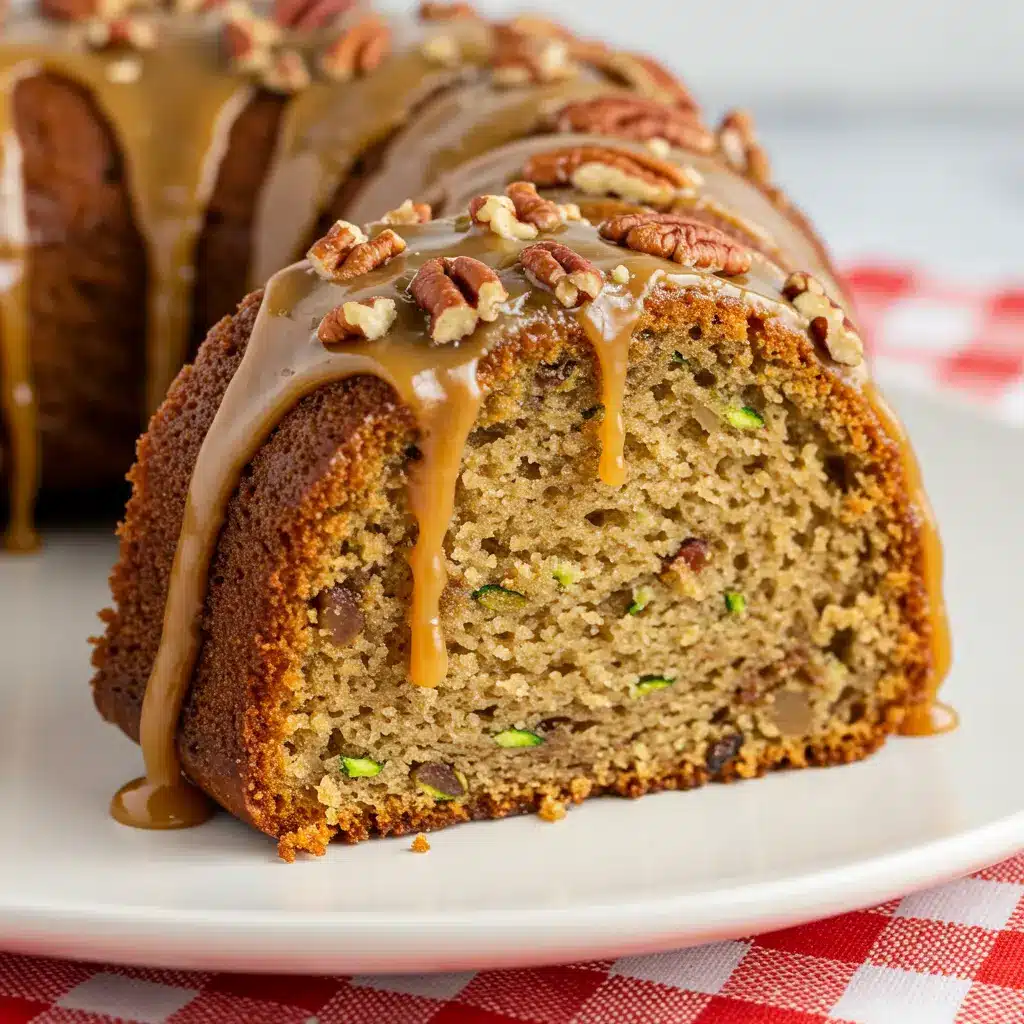 A moist slice of pecan zucchini bread on a white plate, with a thick caramel-pecan glaze dripping down the side and visible flecks of zucchini in the crumb.