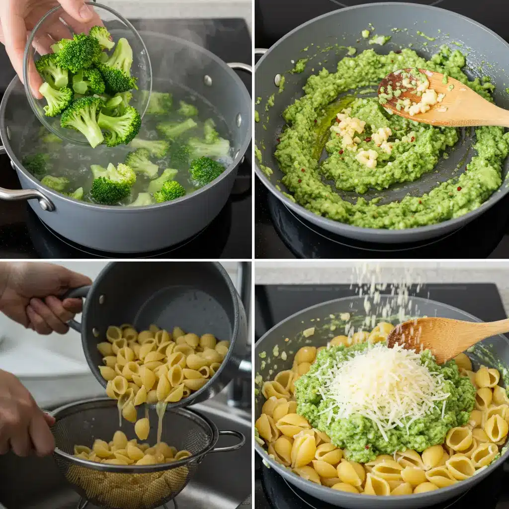 photo grid showing the key steps for making broccoli pasta: boiling broccoli, mashing the sauce in a skillet, draining the pasta, and stirring the final dish with cheese.