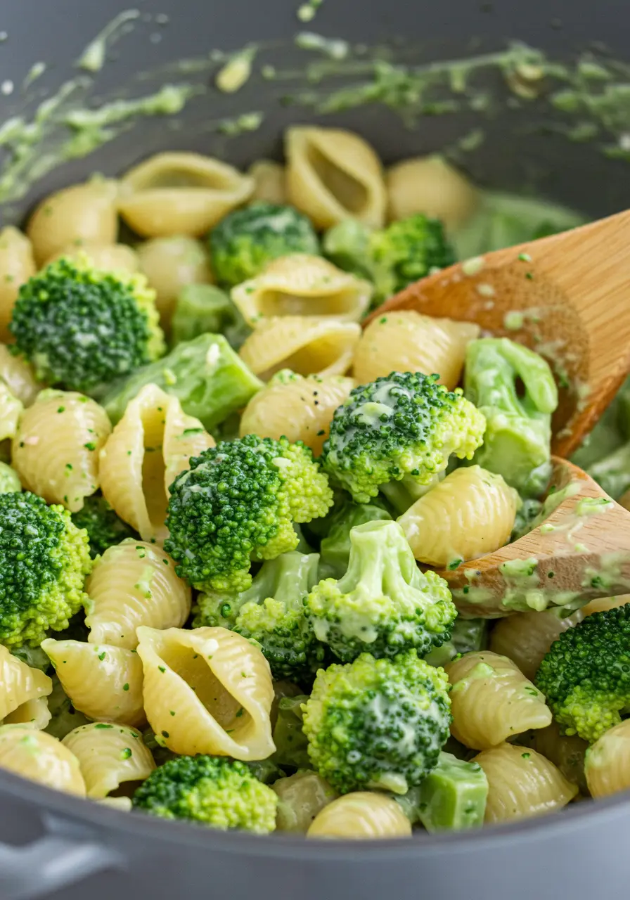 A close-up shot of healthy broccoli pasta in a gray skillet, featuring shell pasta coated in a creamy green broccoli sauce and topped with grated Parmesan cheese.