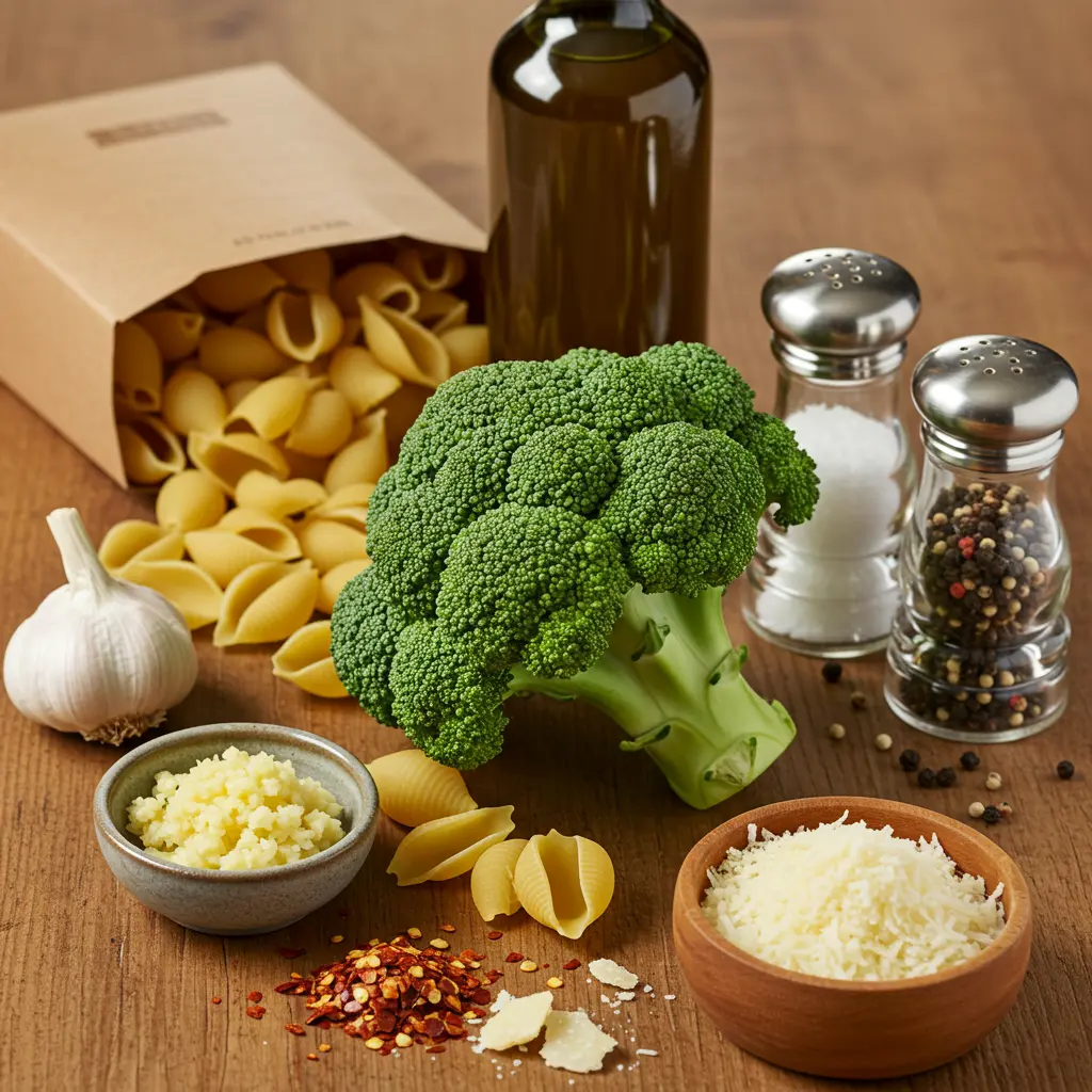 A flat lay of the ingredients for healthy broccoli pasta, including fresh broccoli, shell pasta, minced garlic, a bottle of olive oil, and a bowl of grated Parmesan cheese on a rustic wooden table.