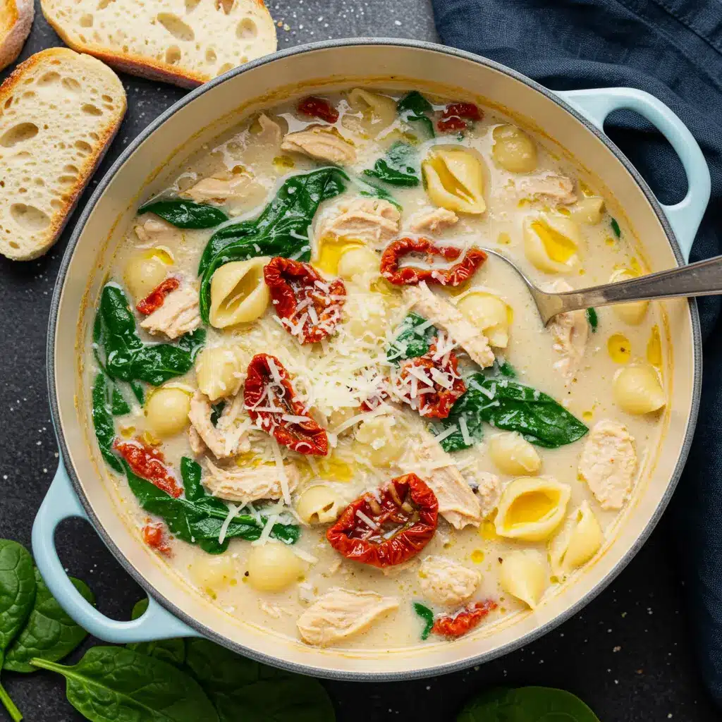 Creamy Tuscan chicken soup in a blue Dutch oven, with crusty bread for dipping