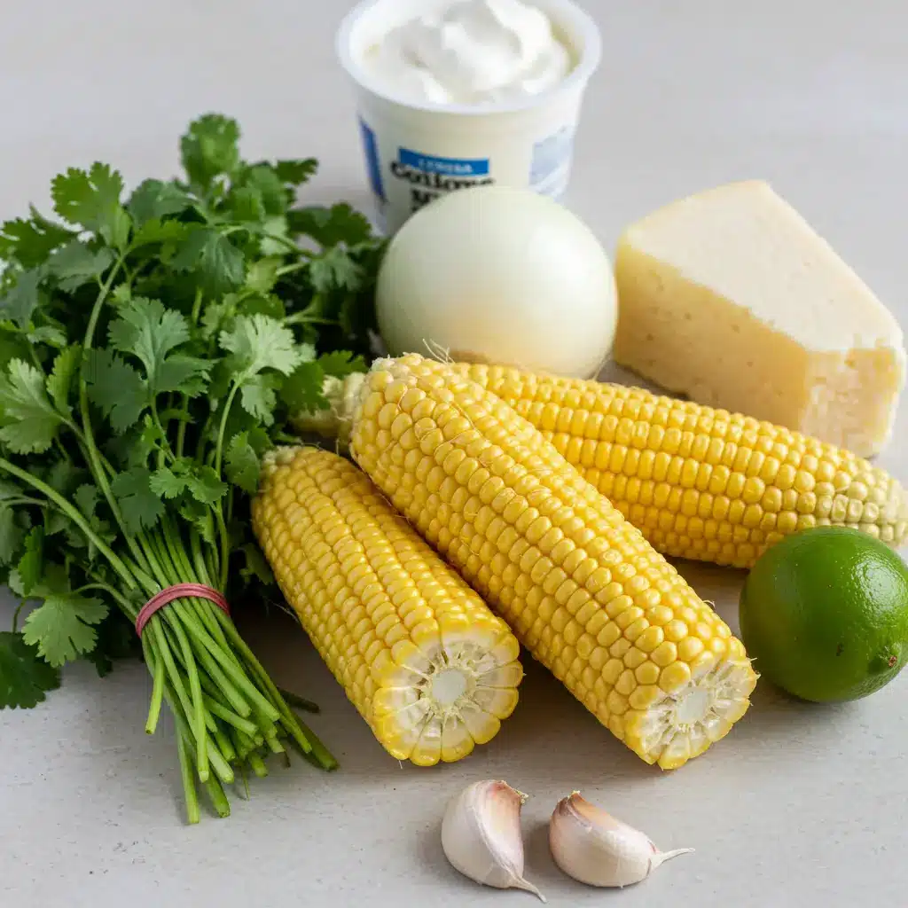Fresh ingredients for homemade Mexican Street Corn Soup, including corn on the cob, lime, cilantro, onion, garlic, and Cotija cheese.