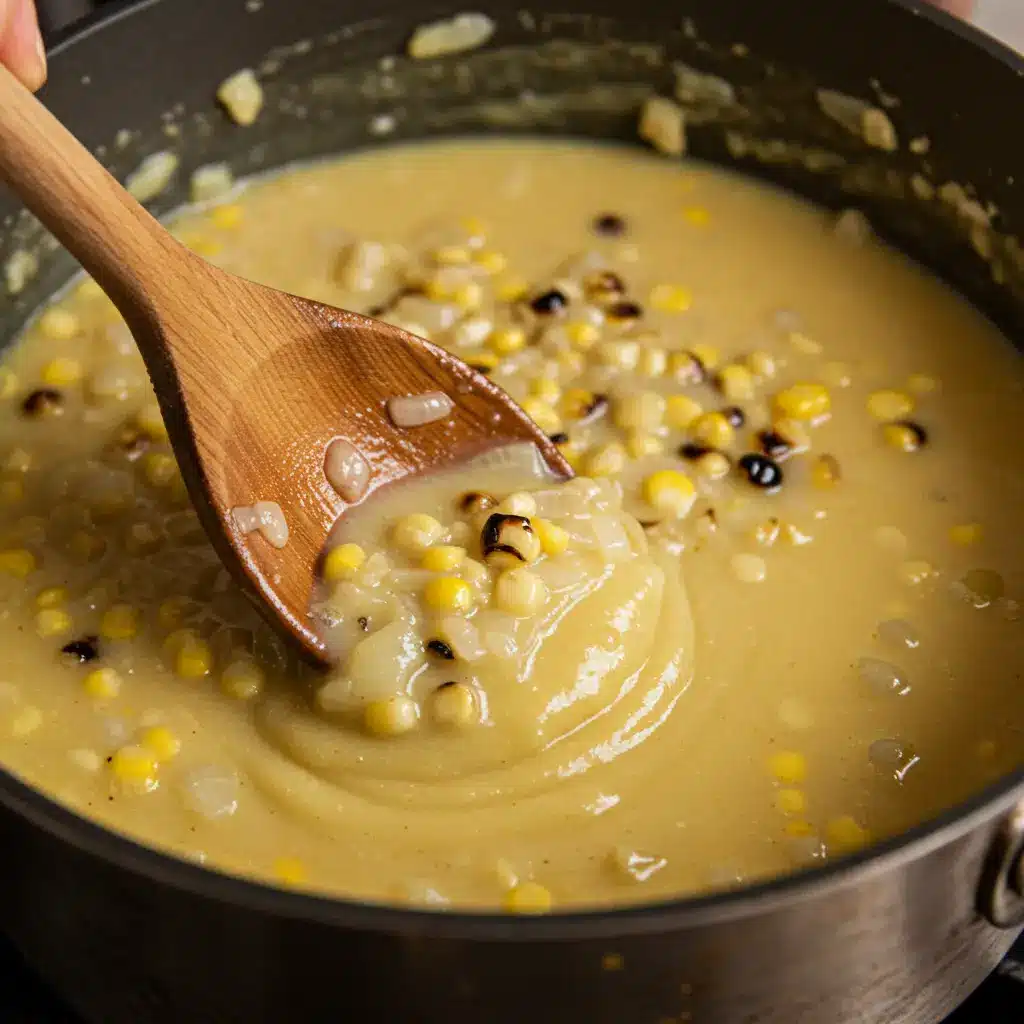 A hand stirring creamy Mexican Street Corn Soup in a Dutch oven with a wooden spoon.