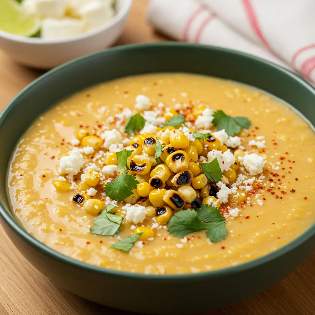 Creamy Mexican Street Corn Soup garnished with charred corn, Cotija cheese, and fresh cilantro in a green bowl on a wooden table.