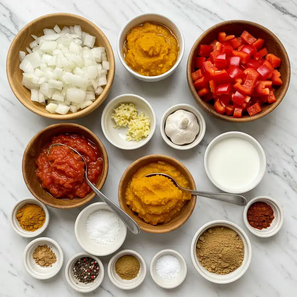 An overhead flat lay of all the fresh ingredients for a pumpkin curry recipe, including chopped vegetables, spices in small bowls, coconut milk, and pumpkin puree.